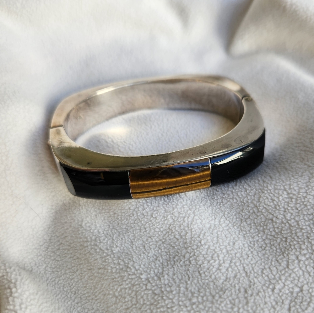 Sterling Onyx and Tigers Eye Clamp Bracelet